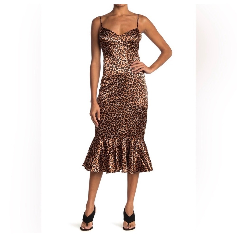 NWT Likely Leopard Veosa Slip Midi‎ Dress Size 4 Ruffled Hem Satin Romantic